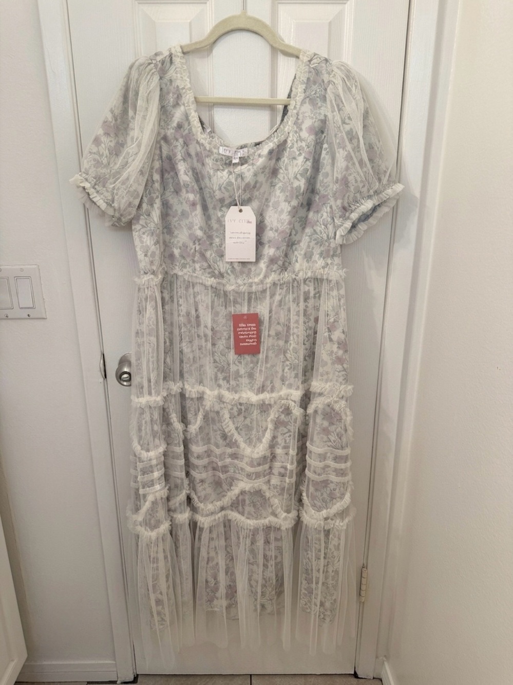 Ivy City Co Cream Dress with Lavender Floral Lace Overlay